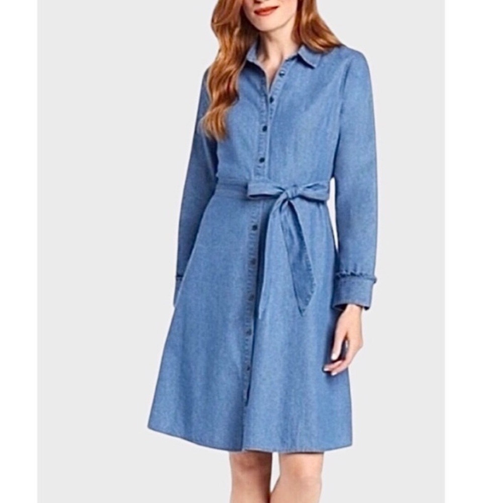 Draper James Blue Long Sleeve Shirt Dress with Tie Waist
